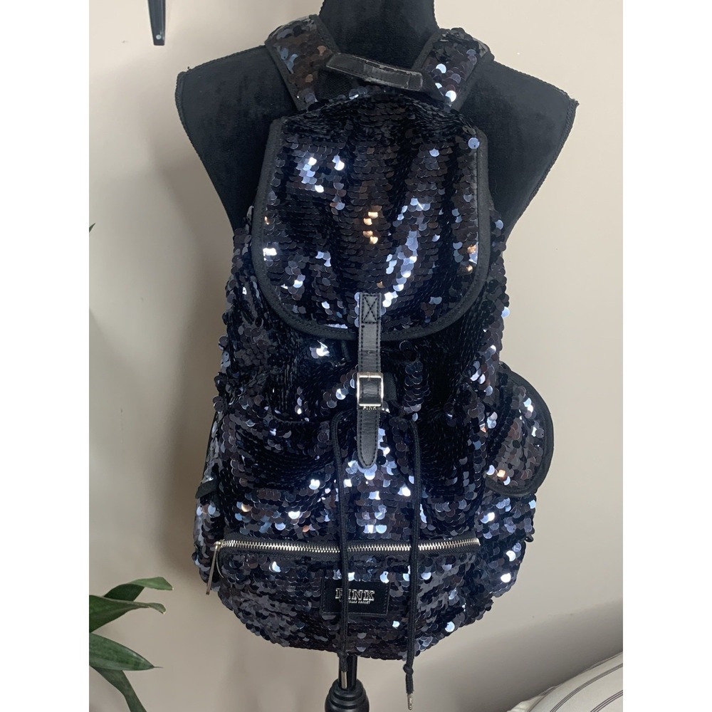 Victoria's Secret PINK Black Sequin Large Backpack Y2K Drawstring Zipper Adjusts